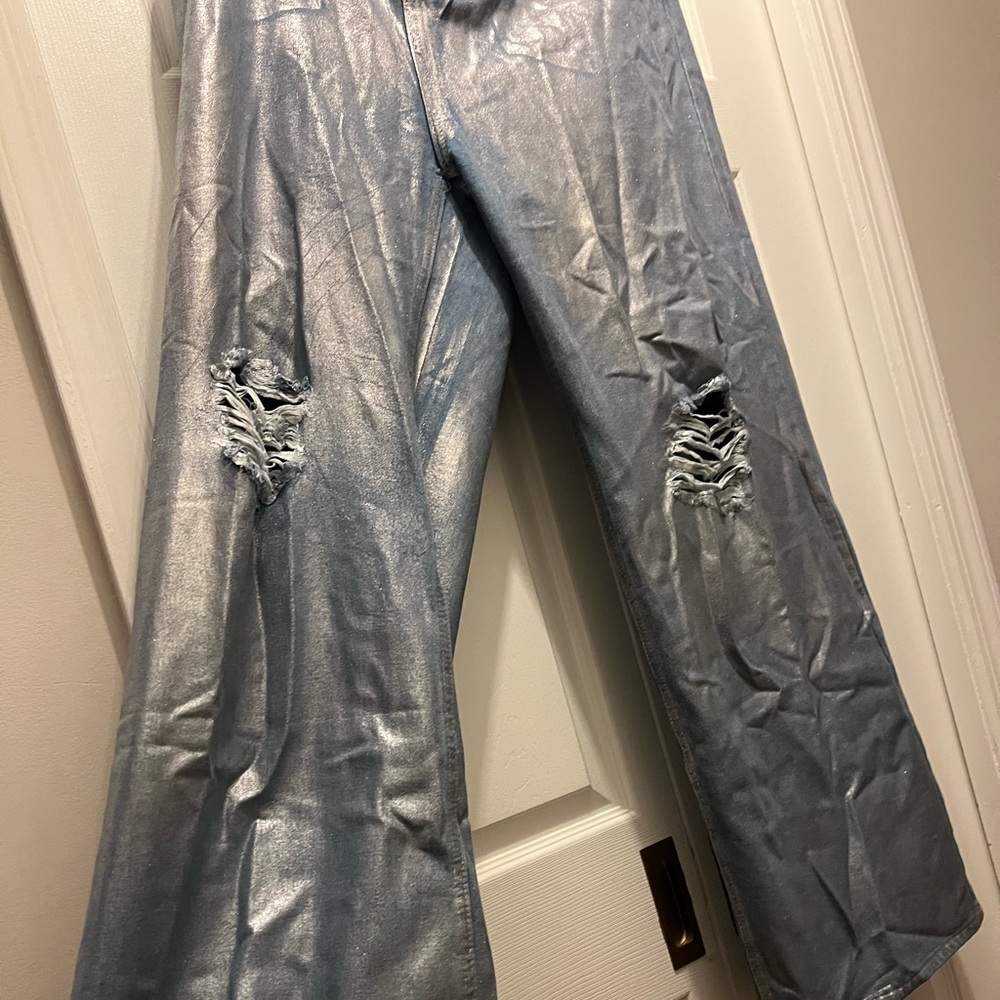 Metallic Foil Ripped Baggy Jeans -Light Wash - NEW *Never Worn size 16